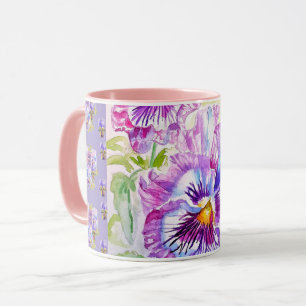 Tasse à café florale aux pensées violettes peintes
