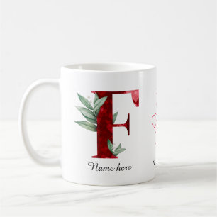 Tasse à café initiale F à motif floral de cœur rou