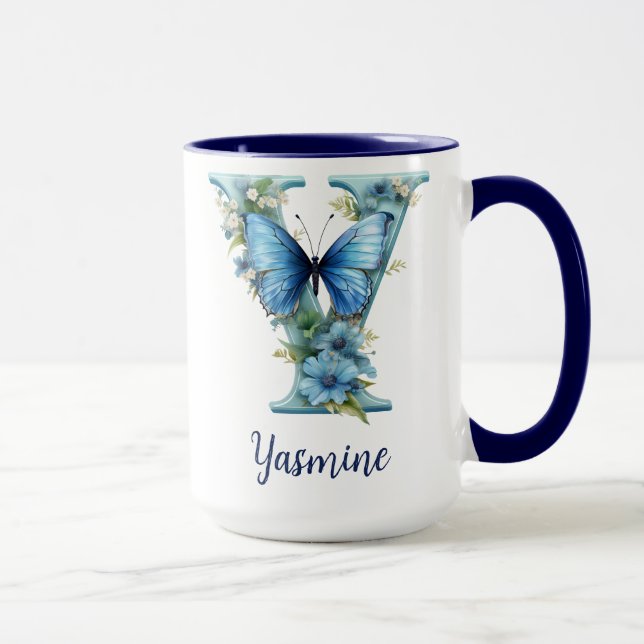 Tasse à café monogramme bleu floral 15 oz (Droite)