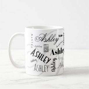 Tasse à café noire et blanche au nom personnalisé 