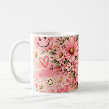 Tasse à café rétro au visage souriant floral rose