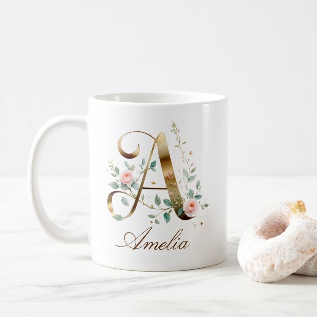 Tasse à lettre A monogramme florale en or personna (Avec donut)