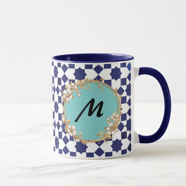 Tasse à motif géométrique bleu avec cercle floral  (Droite)
