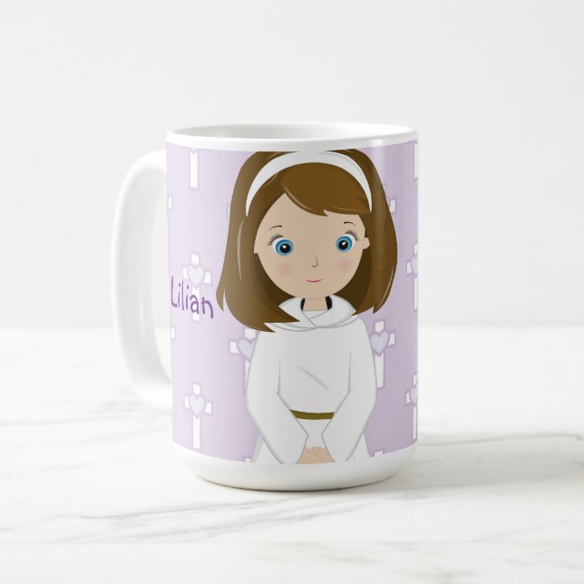 Tasse adorable de brune de fille de jour de (Devant gauche)