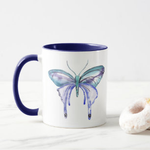 Tasse aquarelle bleu bleu pourpre papillon