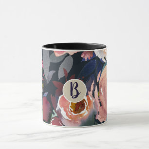 Tasse Aquarelle bleu foncé et rose pâle Chic floral