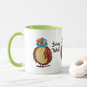 Tasse Aquarelle Chouette magique avec plumes arc-en-ciel