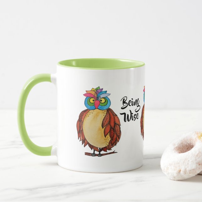 Tasse Aquarelle Chouette magique avec plumes arc-en-ciel (Avec donut)