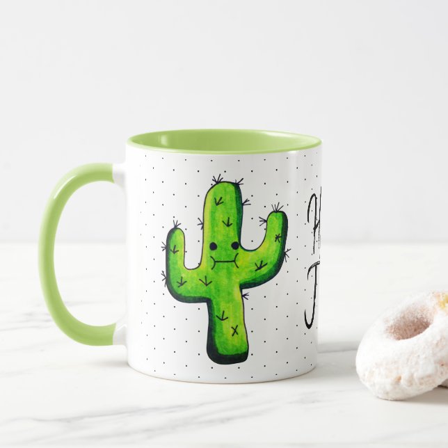 Tasse Aquarelle tendance Cactus et points noirs Hello Th (Avec donut)