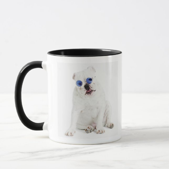 Tasse arrière - plan blanc, bouledogue blanc, bleu (Gauche)