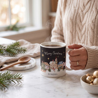 Tasse avec dessin aquarelle de village de Noël fes