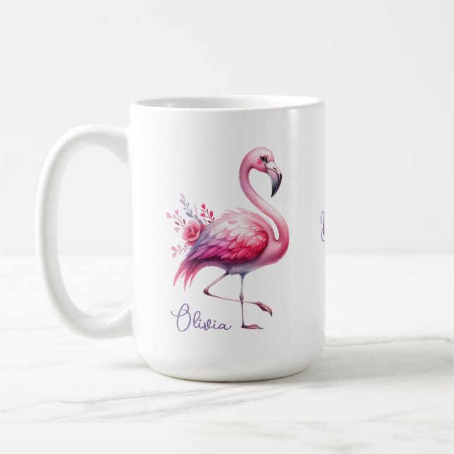 Tasse avec nom Flamant Rose et Roses Élégant (Gauche)