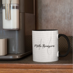Tasse b/w nom manuscrit/initiale . monogramme moderne .