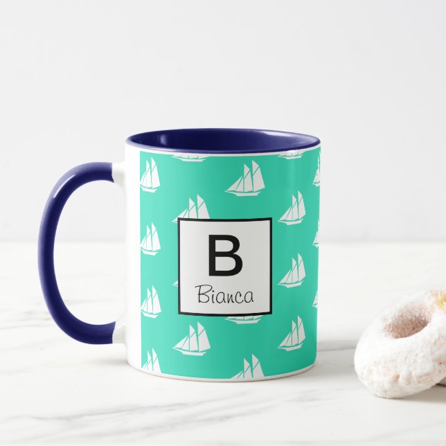 Tasse Bateaux à voile blanc nautique & Sea Green Personn (Avec donut)
