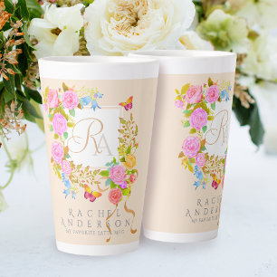 Tasse Beige Latte à Monogramme de Jardin Fleuri Ro