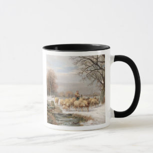 Tasse Bergère avec son troupeau dans un paysage d'hiver