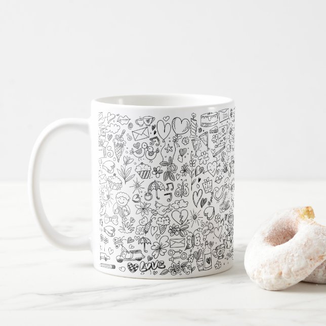 tasse blanche dessinée à la main noire (Avec donut)
