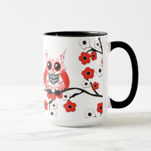Tasse blanche rouge de hibou de fleurs de cerisier