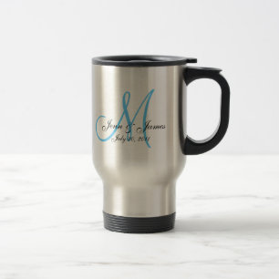Tasse bleue de voyage de date de marié de jeune