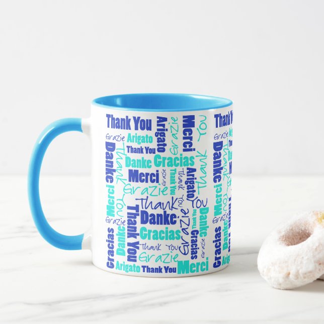 Tasse Blue Turquoise Multilingual Merci Word Cloud (Avec donut)