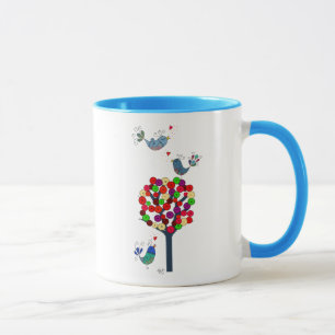 Tasse Bouton Arbre et oiseaux Bleu