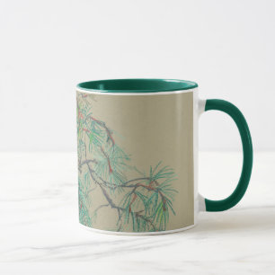 Tasse "Branche de pin", dessin pastel dans les tons vert