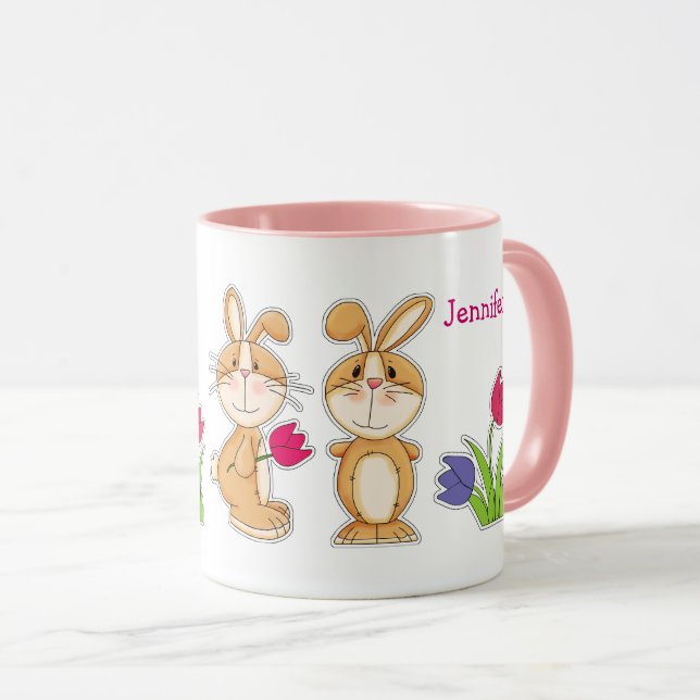 Tasse Bunnies mignonnes avec tulipes Cadeau personnalisé (Devant droit)