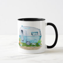 Caravane vintage bleue de campeur d'aquarelle