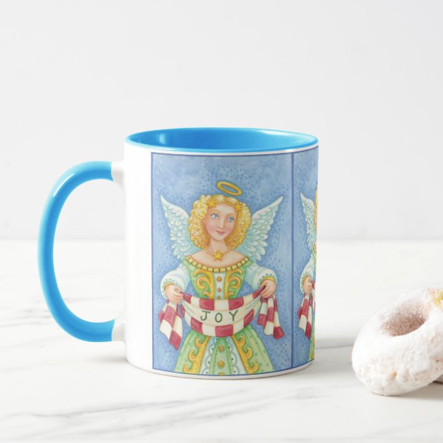 Tasse Caricature de Noël Angel Halo avec bannière de joi (Avec donut)