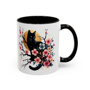 Tasse Chat Noir Fleur de Cerisier Floral Cadeau