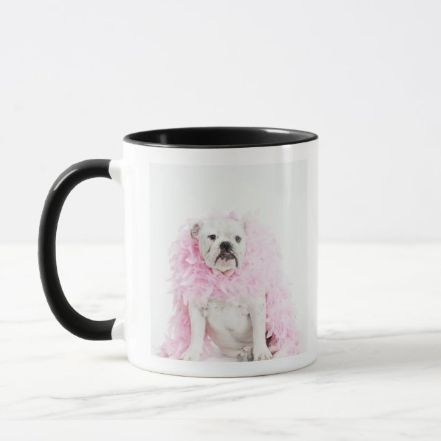 Tasse Chien masculin blanc avec le boa rose (Gauche)