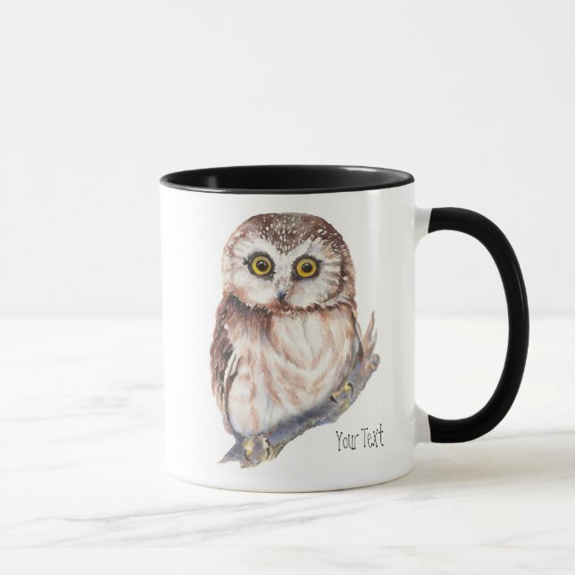 Tasse Chouette mignonne, Aquarelle Nature des oiseaux, (Droite)