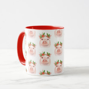 Tasse Cochon de Noël Rose Fête à la Ferme Campagne