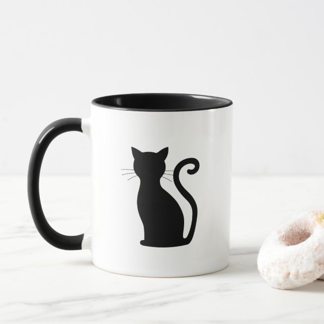 Tasse Cute Chat Noir Silhouette Fun Noir et Blanc (Avec donut)