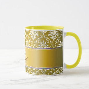 Tasse Damassé jaune de monogramme et blanche d'or