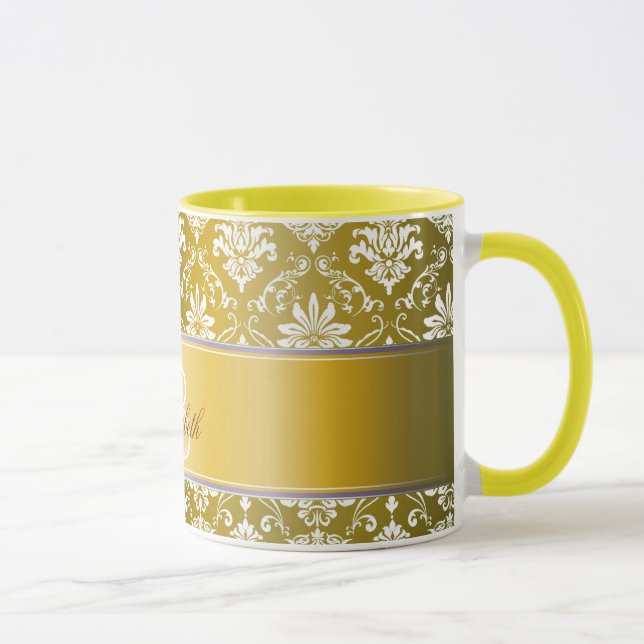 Tasse Damassé jaune de monogramme et blanche d'or (Droite)