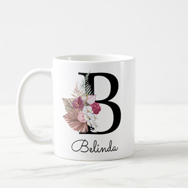Tasse de café à lettre initiale florale rose boho  (Gauche)