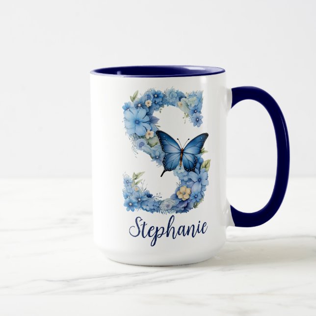 Tasse de café à monogramme bleu floral 15 oz (Droite)