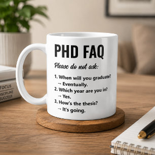 Tasse de café FAQ de doctorat drôle pour les cherc