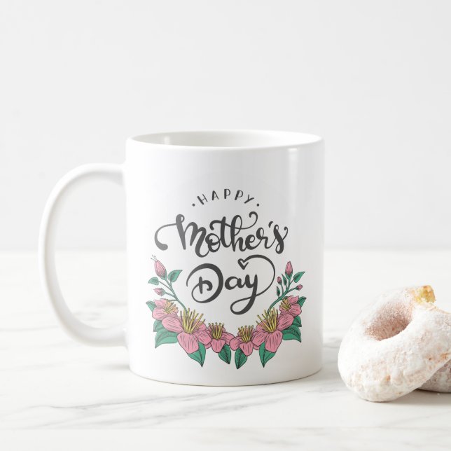 Tasse de café heureuse florale élégante du jour de (Avec donut)
