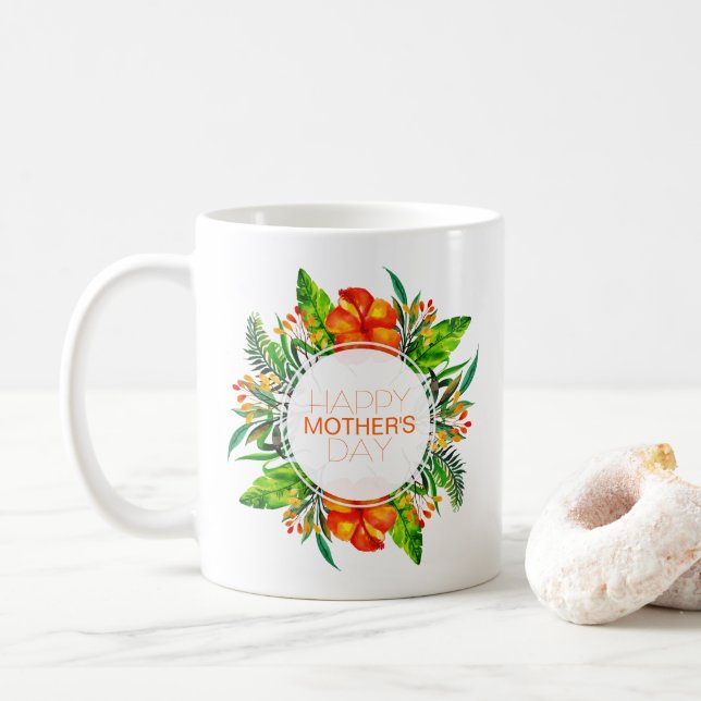Tasse de café heureuse florale tropicale du jour (Avec donut)
