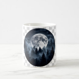 Tasse de café pleine lune forêt au clair de lune