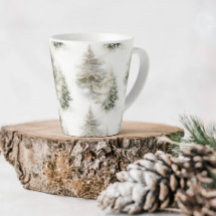 Tasse de latte à la forêt de pins aquarelle