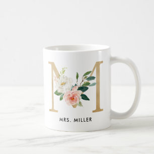 Tasse de monogramme, monogramme floral M, cadeau