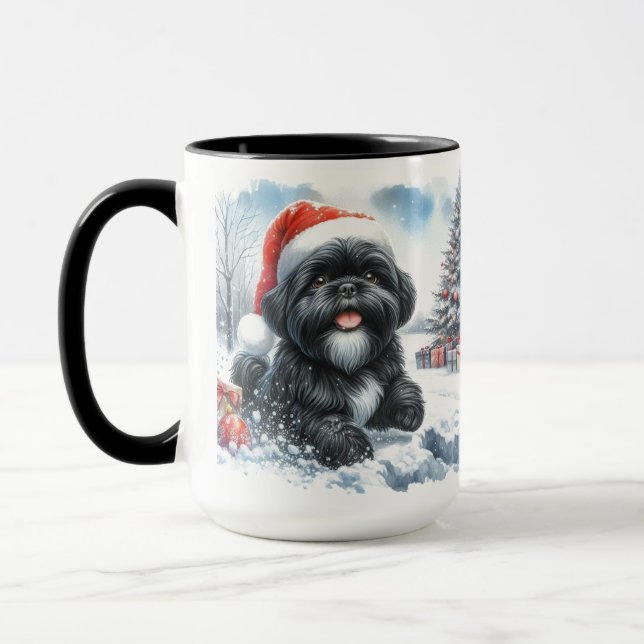 Tasse de Noël Shih Tzu Noir Galopant Dans La Neige (Gauche)