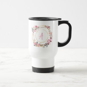Tasse de voyage géométrique dorée à fleurs roses