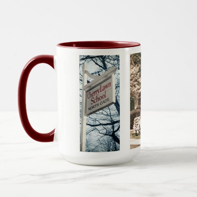 Tasse d'école de pelouse de cerise avec des photos (Gauche)