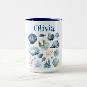 Tasse d'été Coquillages Bleus Nom personnalisé