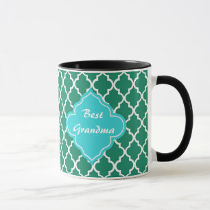 Tasse Élégant monogramme vert et turquoise de quatrefoil