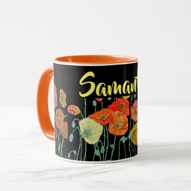 Tasse en aquarelle Coquelicots orange et noir (Devant gauche)
